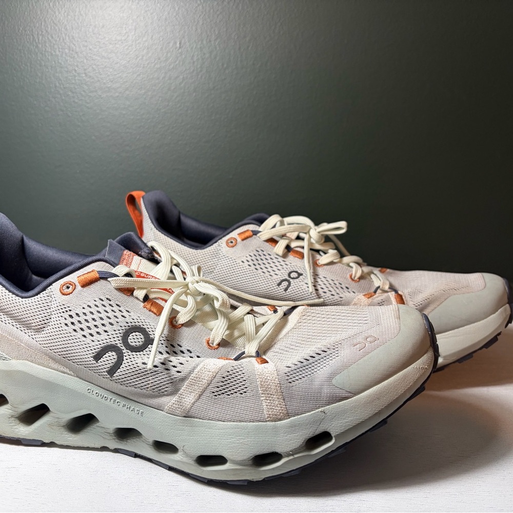 On Cloudsurfer Trail Men's Athletic Shoes in Cream and Orange 10.5